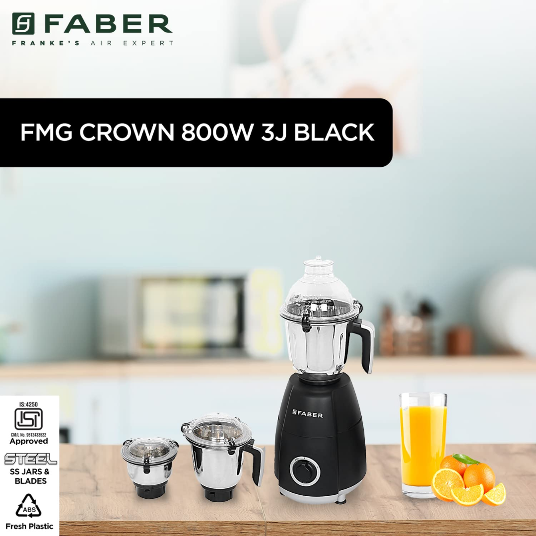 Faber Crown 800W 3 Jar Blender Mixer Grinder - FMG CROWN 800 W 3J NERO 