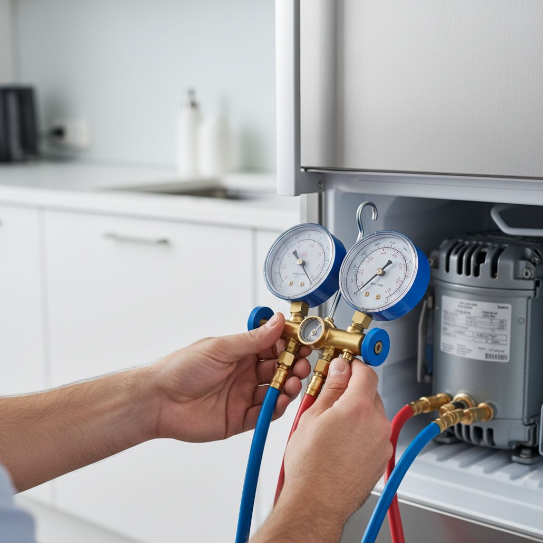 Professional gas technician performing safety leak test