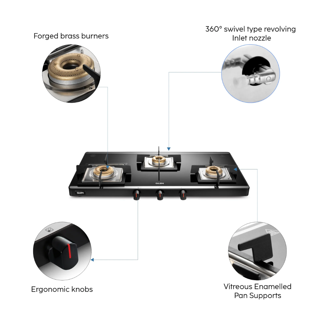 Glen 3 Burner 70 cm Stainless Steel Cooktops - 1073 SQ HT SS DB MTR 70