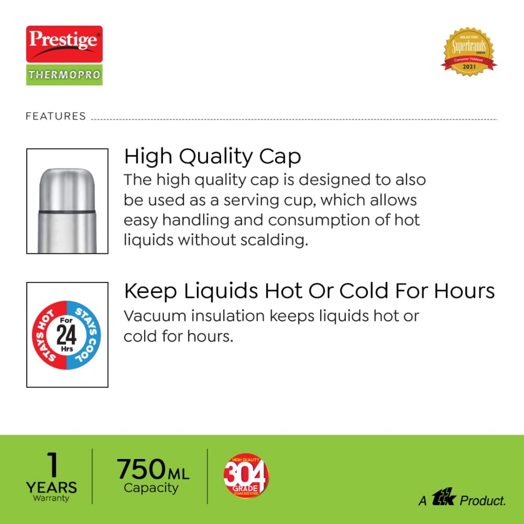 Prestige 500ML SS Steel Lid Lock with Bag Vacuum Thermopro Flask - 99507