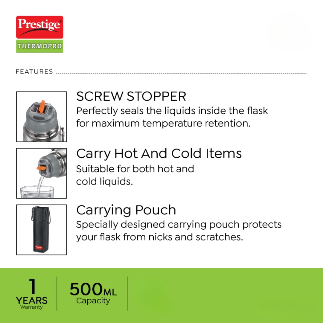 Prestige 500ML SS Steel Lid Lock with Bag Vacuum Thermopro Flask - 99506