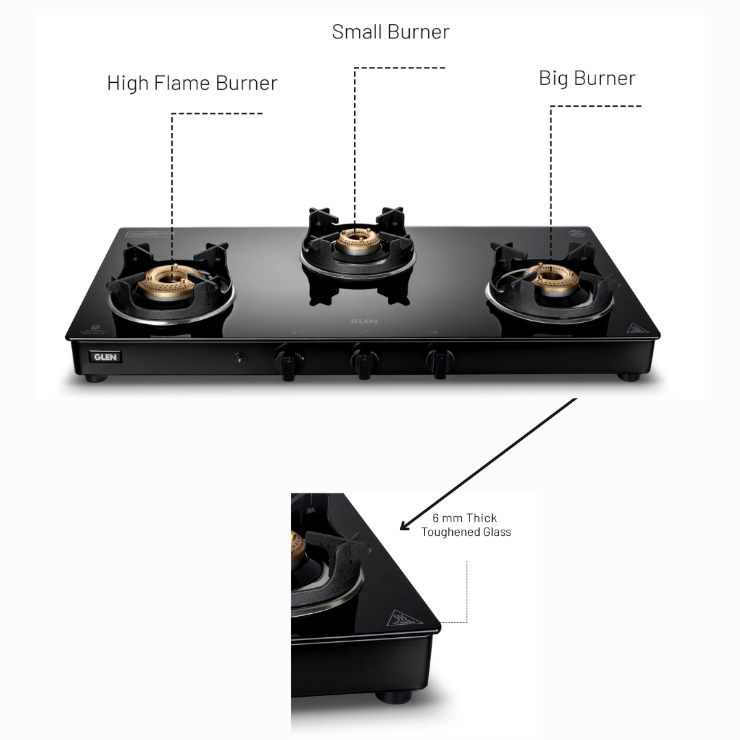 Glen 3 Burner Forged Brass Burner Cooktop - CT 1038 GT BB BL HF CP