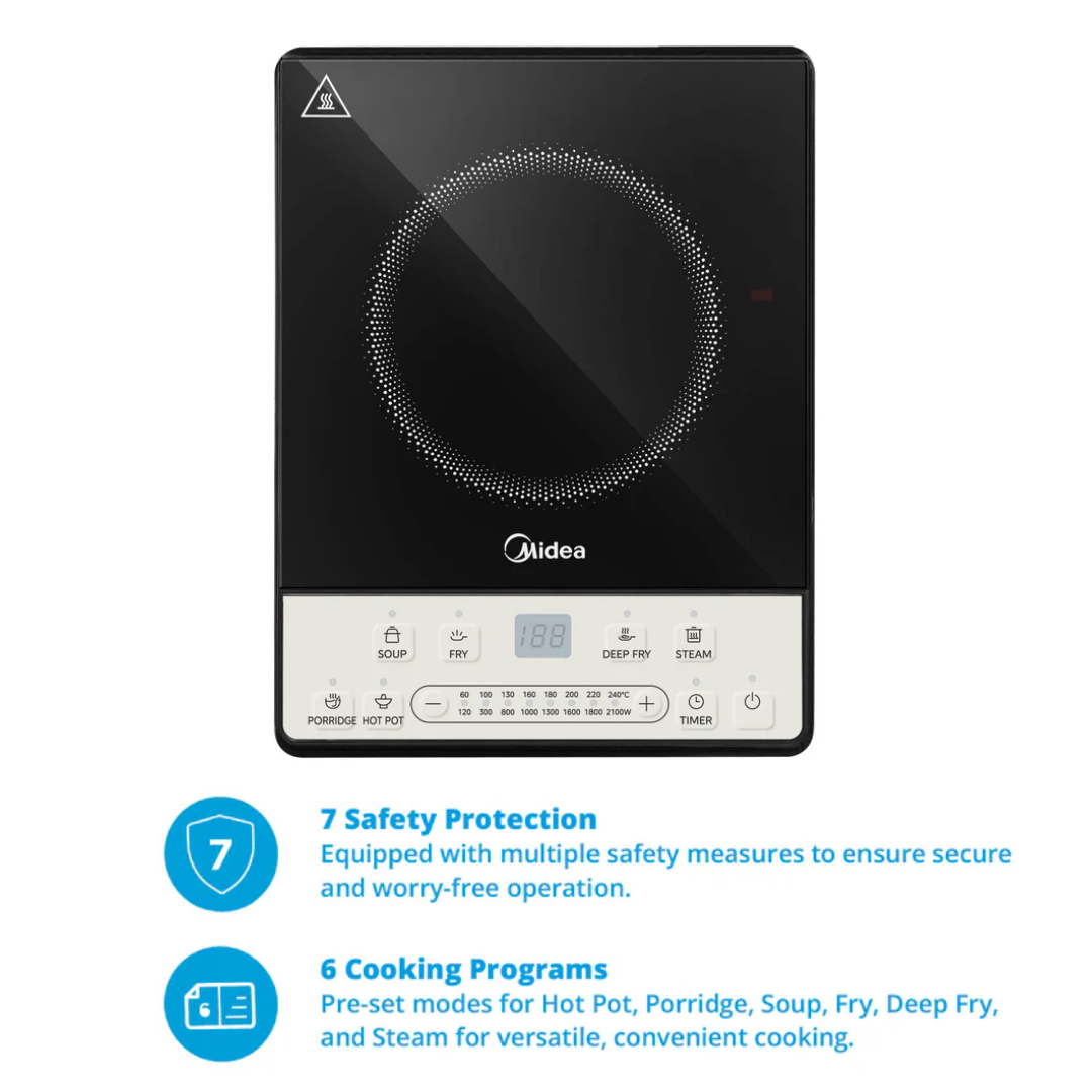 Midea 2100W induction cooktop slim design 355x270x65mm compact kitchen appliance