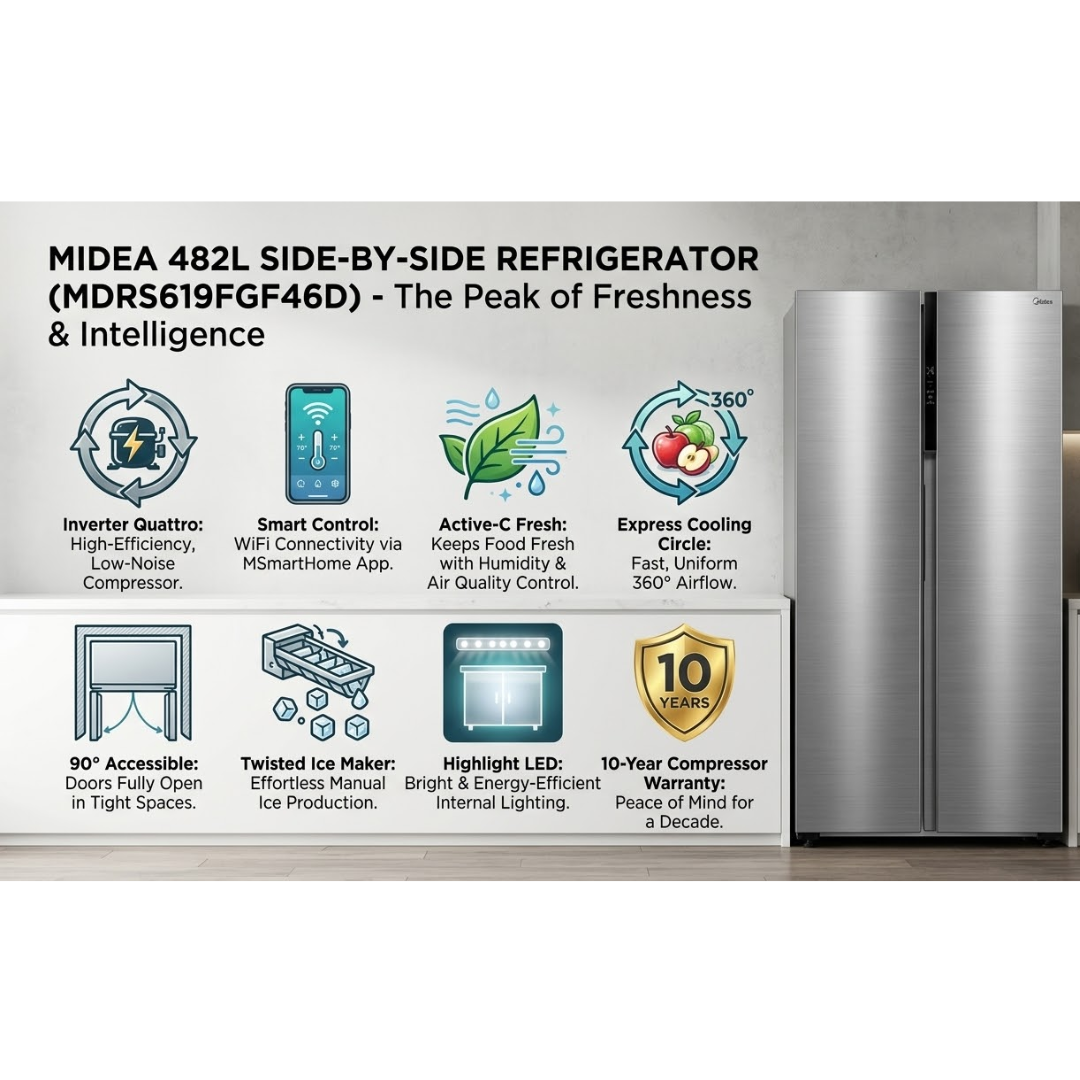 Midea 482 Ltr Side by Side Door Refrigerator - MDRS619FIG46D