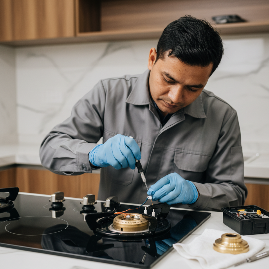 Gas hob technician at work