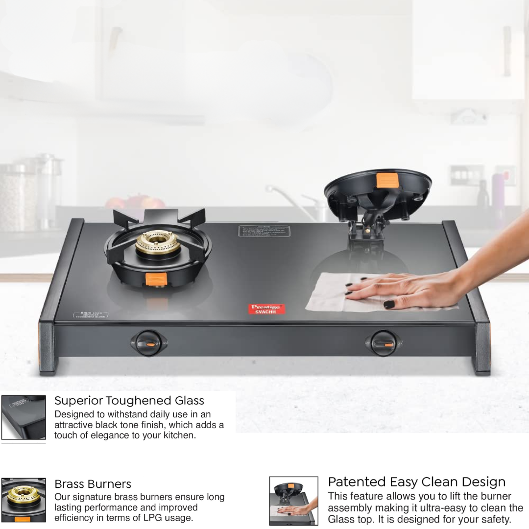  Prestige 1.8 Ltrs Automatic Cut-off Electric Kettle 1500W - 41588 PKOSS 1.8 Prestige Svachh Glass Top Gas Stove with 2 Liftable Brass Burners - 40386 GTSB02 