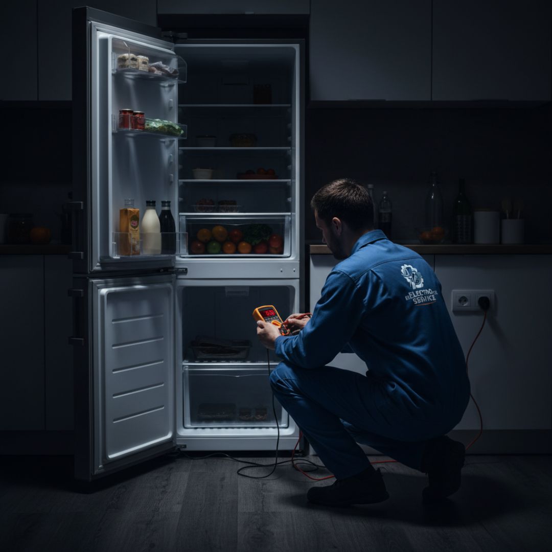 Professional technician checking refrigerator power issues