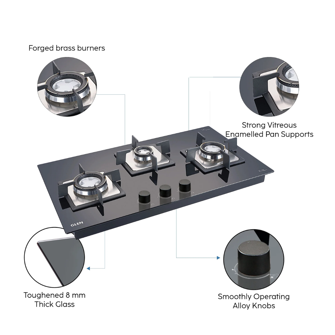 Glen 3 Burner 70 cm Stainless Steel Cooktops - 1073 SQ HT SS DB MTR 70