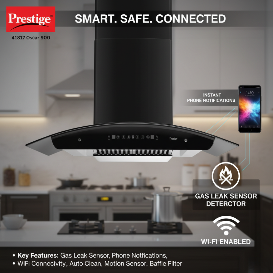 Prestige 41817 OSCAR 900 Contemporary Black Kitchen Hood Chimney
