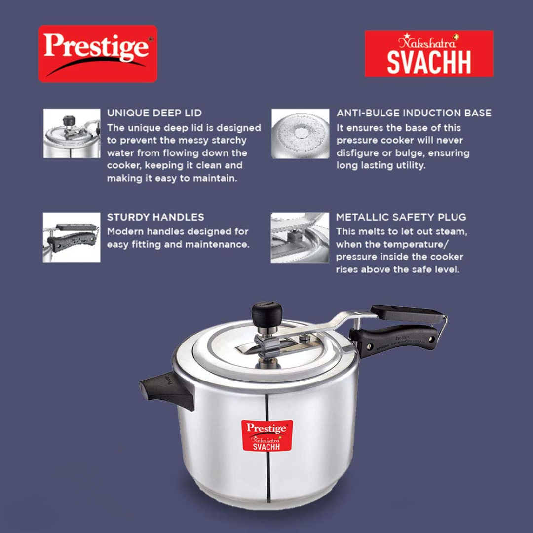 Prestige 5 Ltrs Nakshatra Plus Svachh Aluminium Straight Wall Inner Lid Pressure Cooker
