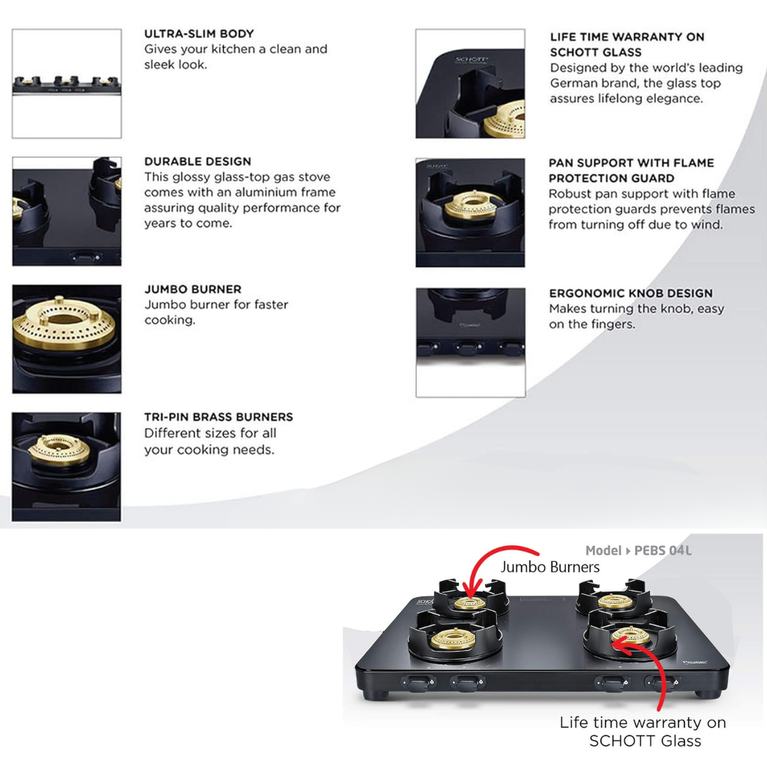 Prestige 3 Burner Slim Cooktop Schott Glass Edge Gas Stove - 40186 PEBS 03