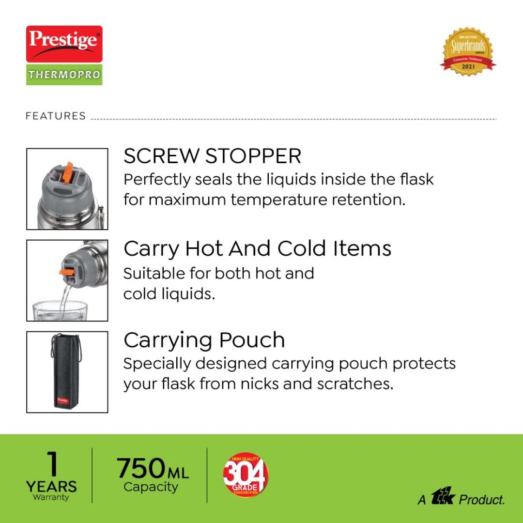 Prestige 500ML SS Steel Lid Lock with Bag Vacuum Thermopro Flask - 99507