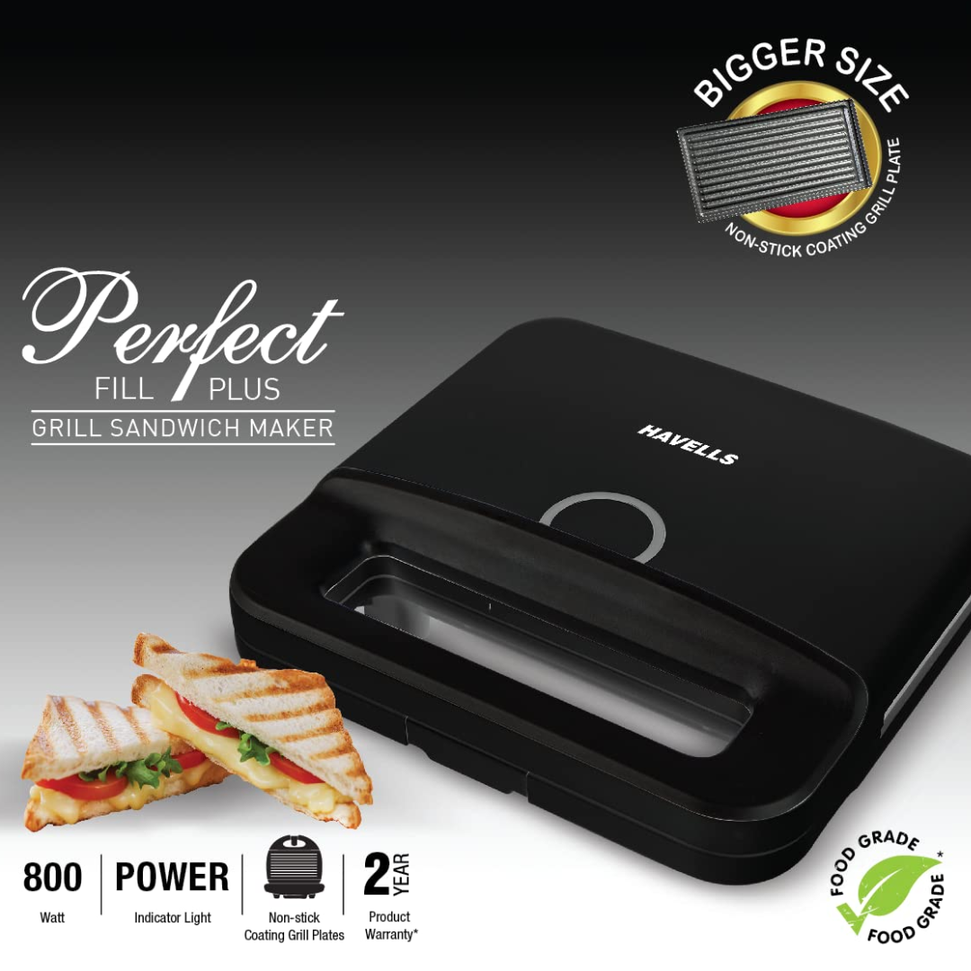 Havells Perfect Fill Plus SG 2 Slice 800 Watt Grill Sandwich Maker (Black) - GHCSTDSK075