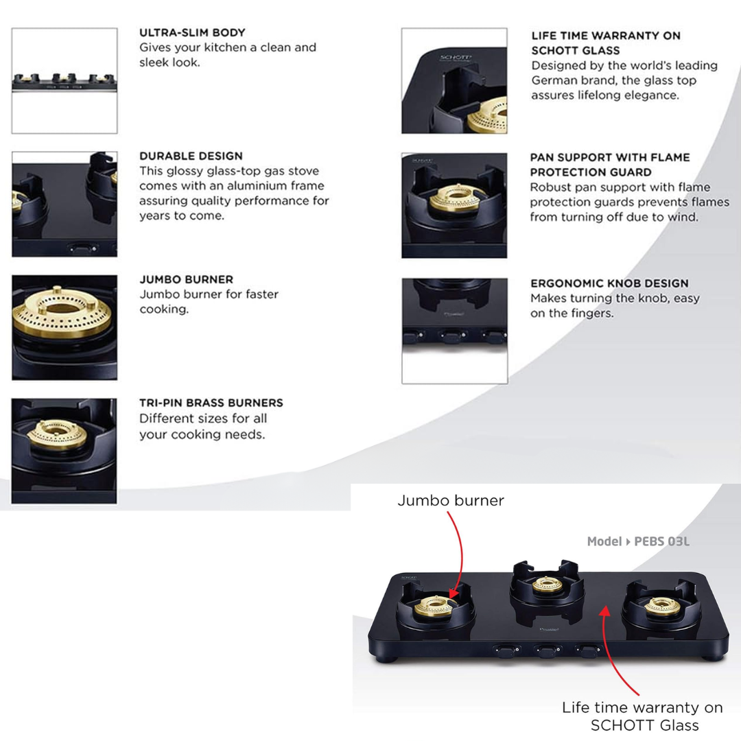 Prestige 3 Burner Slim Cooktop Schott Glass Edge Gas Stove - 40186 PEBS 03