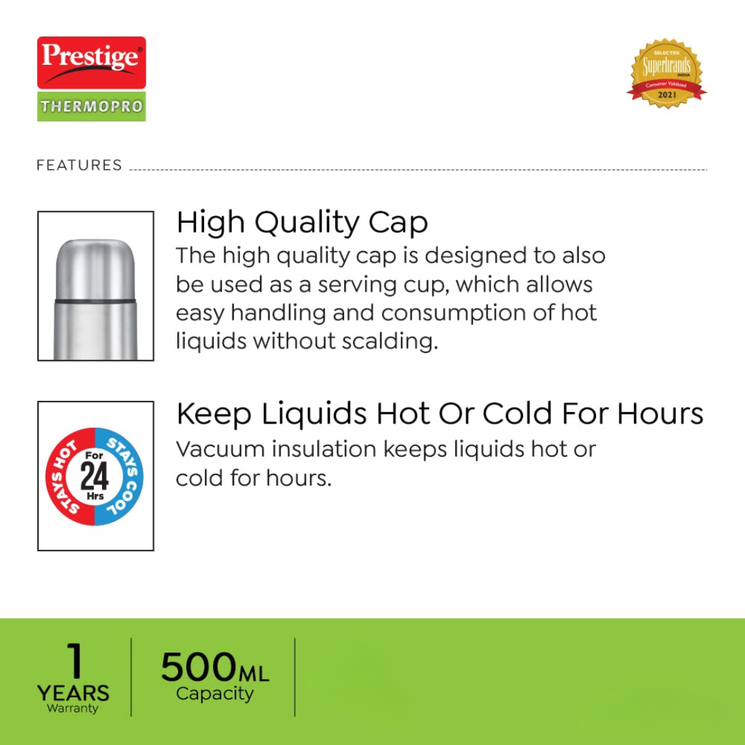 Prestige 500ML SS Steel Lid Lock with Bag Vacuum Thermopro Flask - 99506
